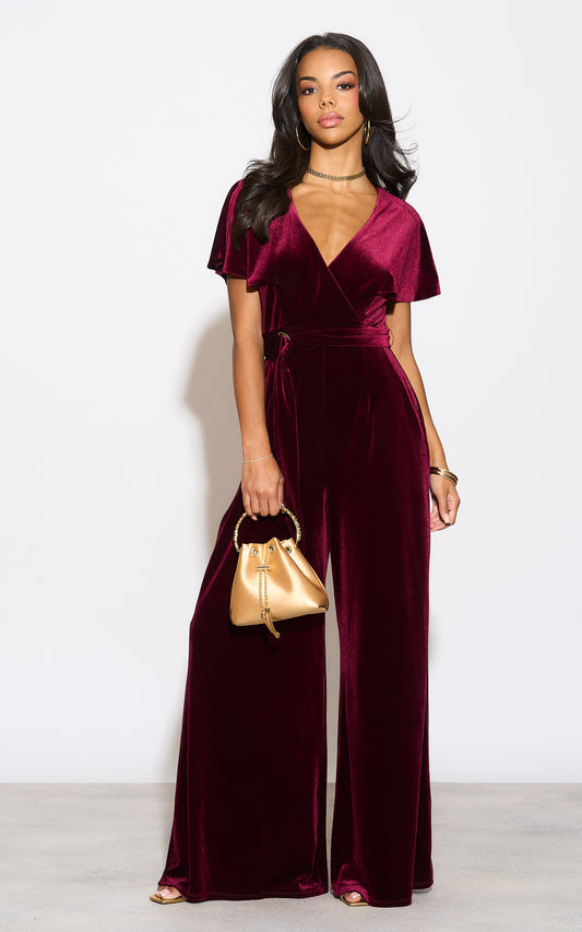 Velvet belted wide leg jumpsuit in wine