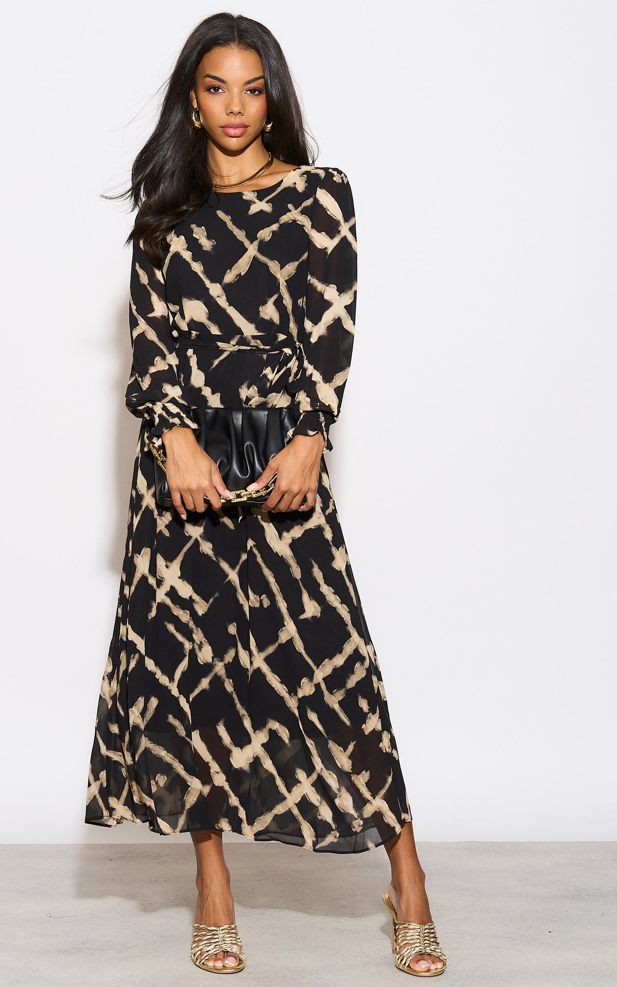 Black Printed Long Sleeve Tie Waist Maxi Dress