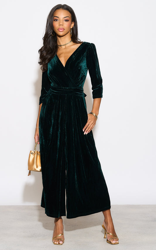 Sophia Wide Leg Jumpsuit Velvet- Green