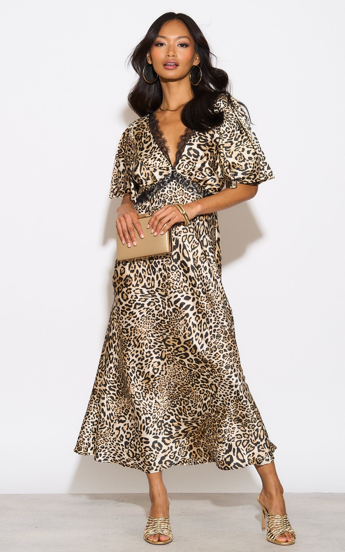 Leopard Printed Lace Insert Midi Dress