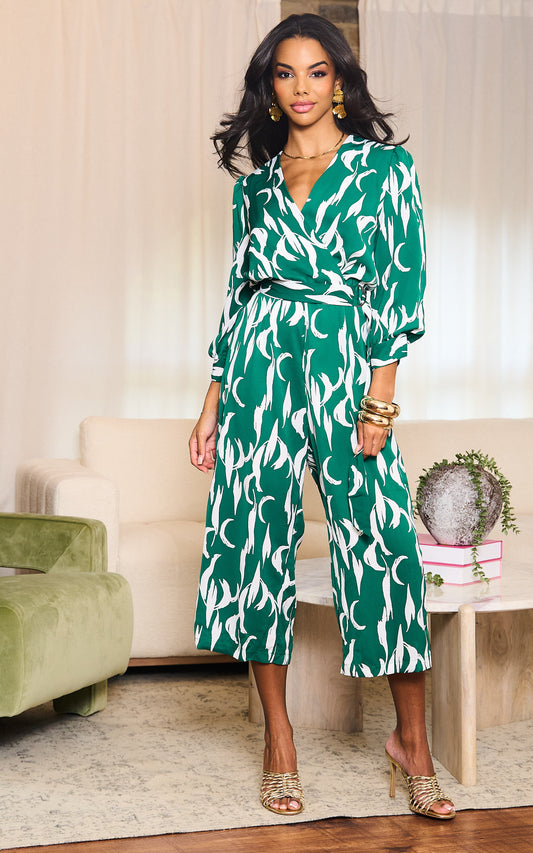 Green And White Printed Belted Jumpsuit