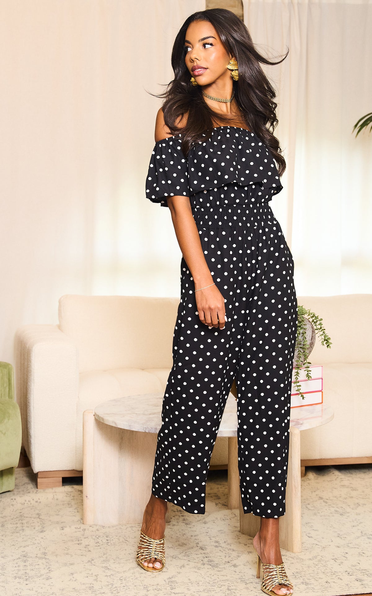 Black And White Polka Dot Bardot Jumpsuit