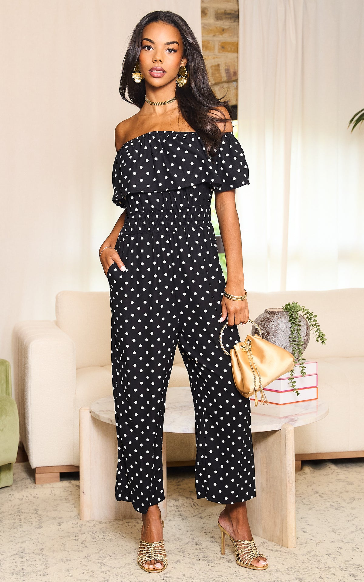 Black And White Polka Dot Bardot Jumpsuit