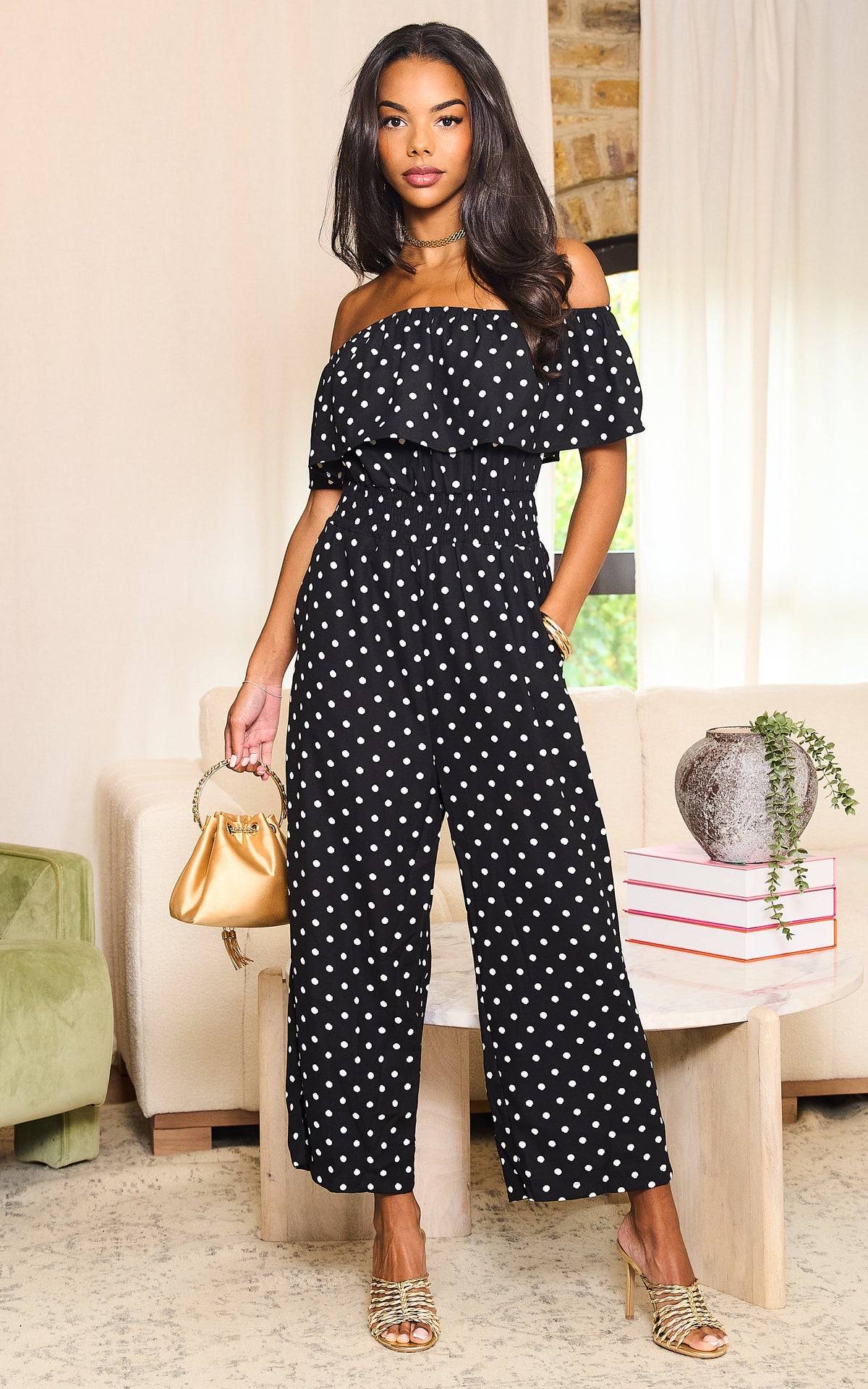 Black And White Polka Dot Bardot Jumpsuit