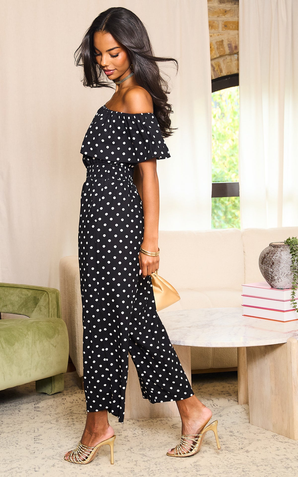Black And White Polka Dot Bardot Jumpsuit