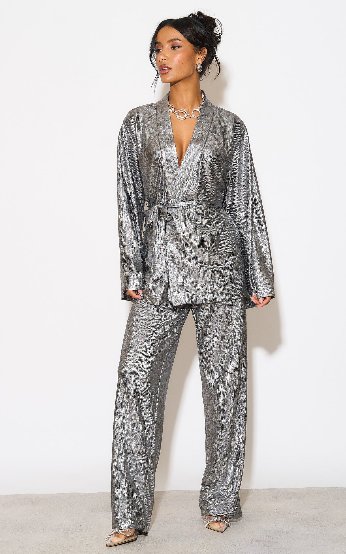 Praise You Metallic Silver Short Tie Kimono
