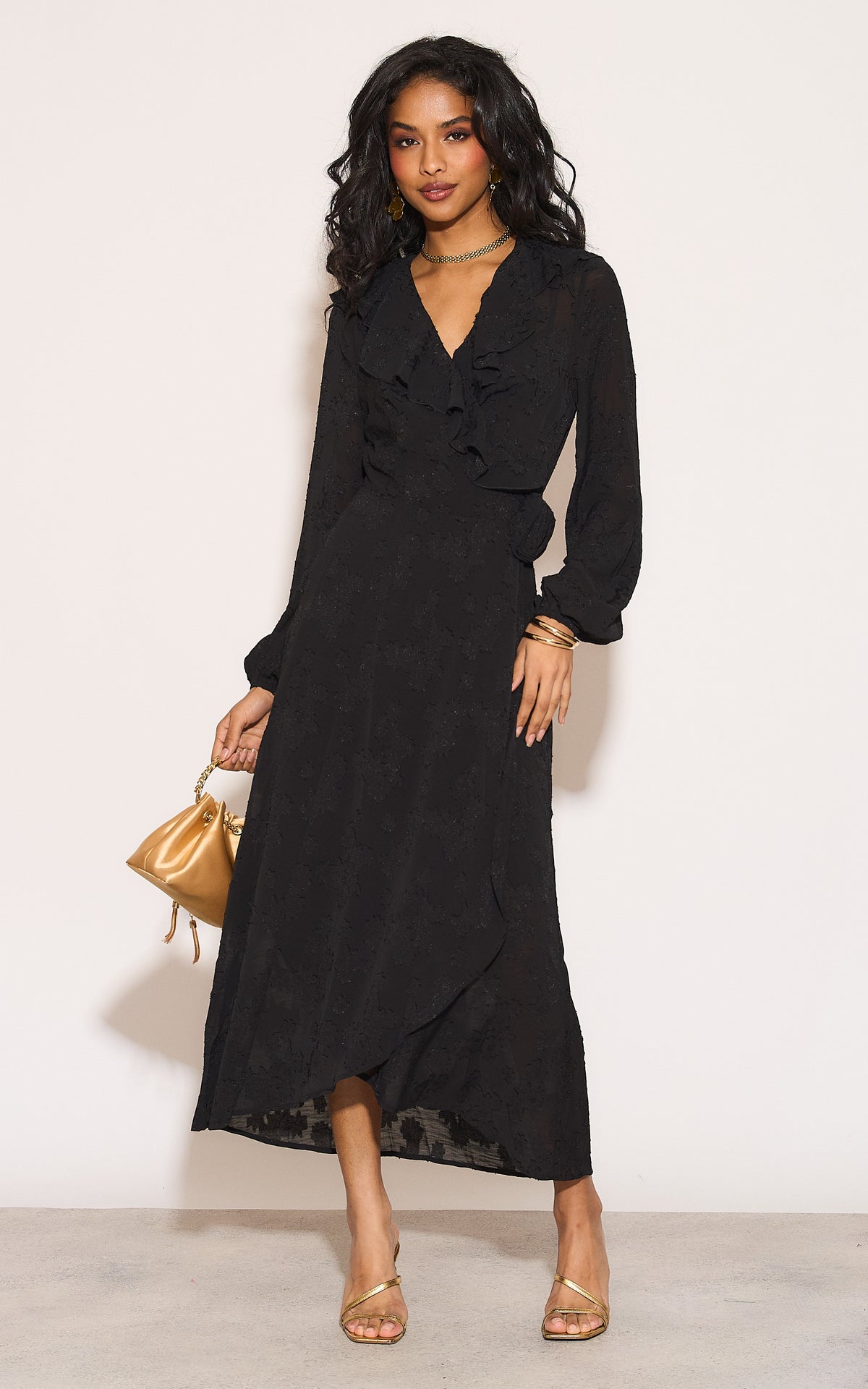 Ruffle wrap midi dress with blouson sleeve and rosette detail in black