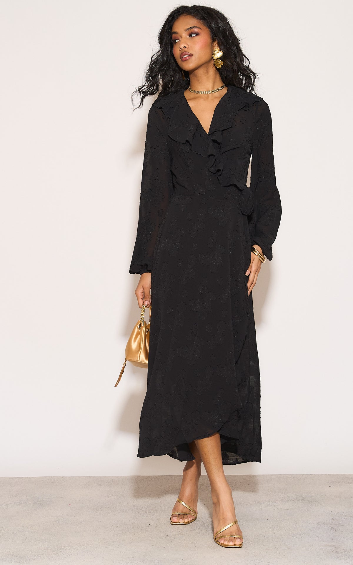Ruffle wrap midi dress with blouson sleeve and rosette detail in black
