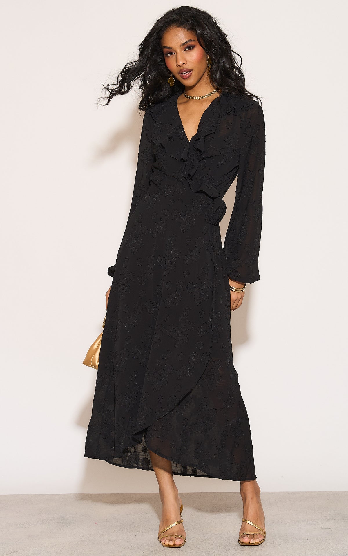 Ruffle wrap midi dress with blouson sleeve and rosette detail in black