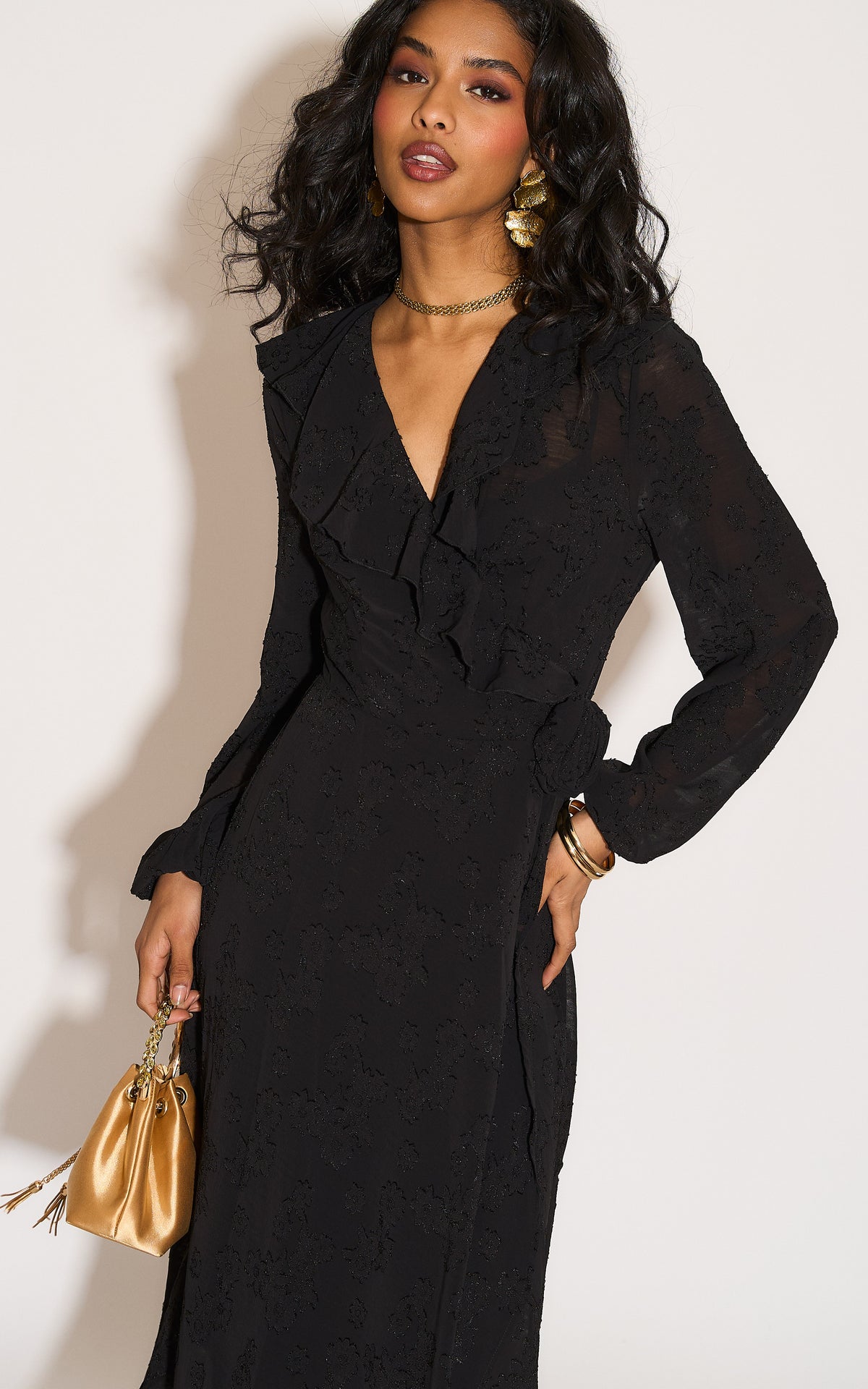Ruffle wrap midi dress with blouson sleeve and rosette detail in black