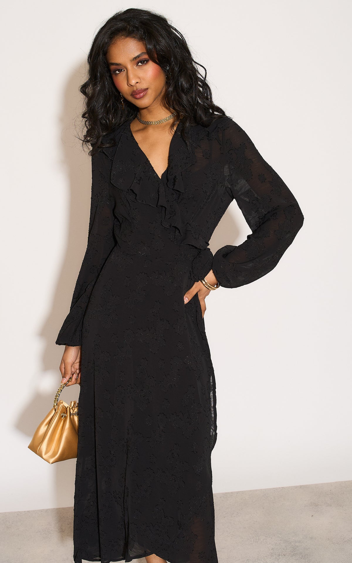 Ruffle wrap midi dress with blouson sleeve and rosette detail in black