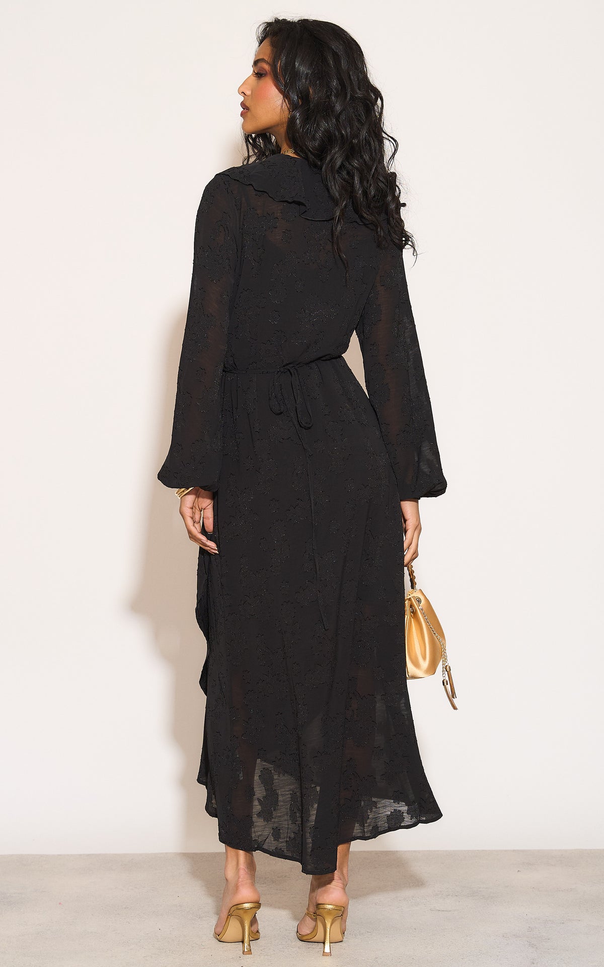 Ruffle wrap midi dress with blouson sleeve and rosette detail in black