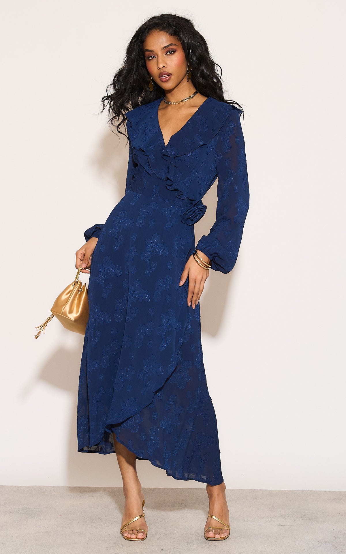 Ruffle wrap midi dress with blouson sleeve and rosette detail in navy