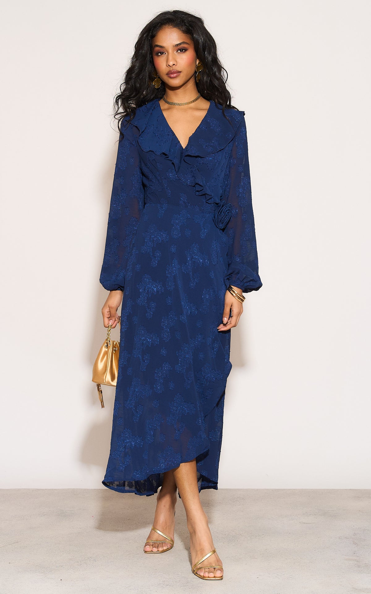 Ruffle wrap midi dress with blouson sleeve and rosette detail in navy