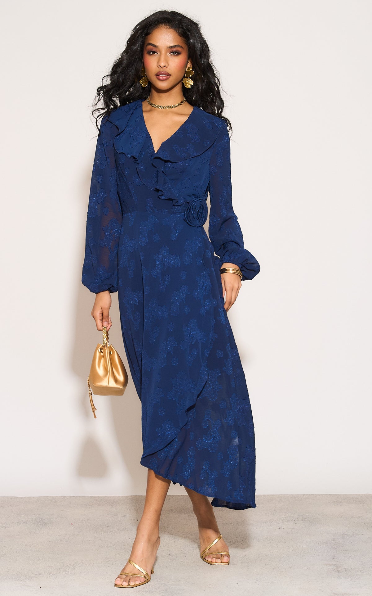 Ruffle wrap midi dress with blouson sleeve and rosette detail in navy