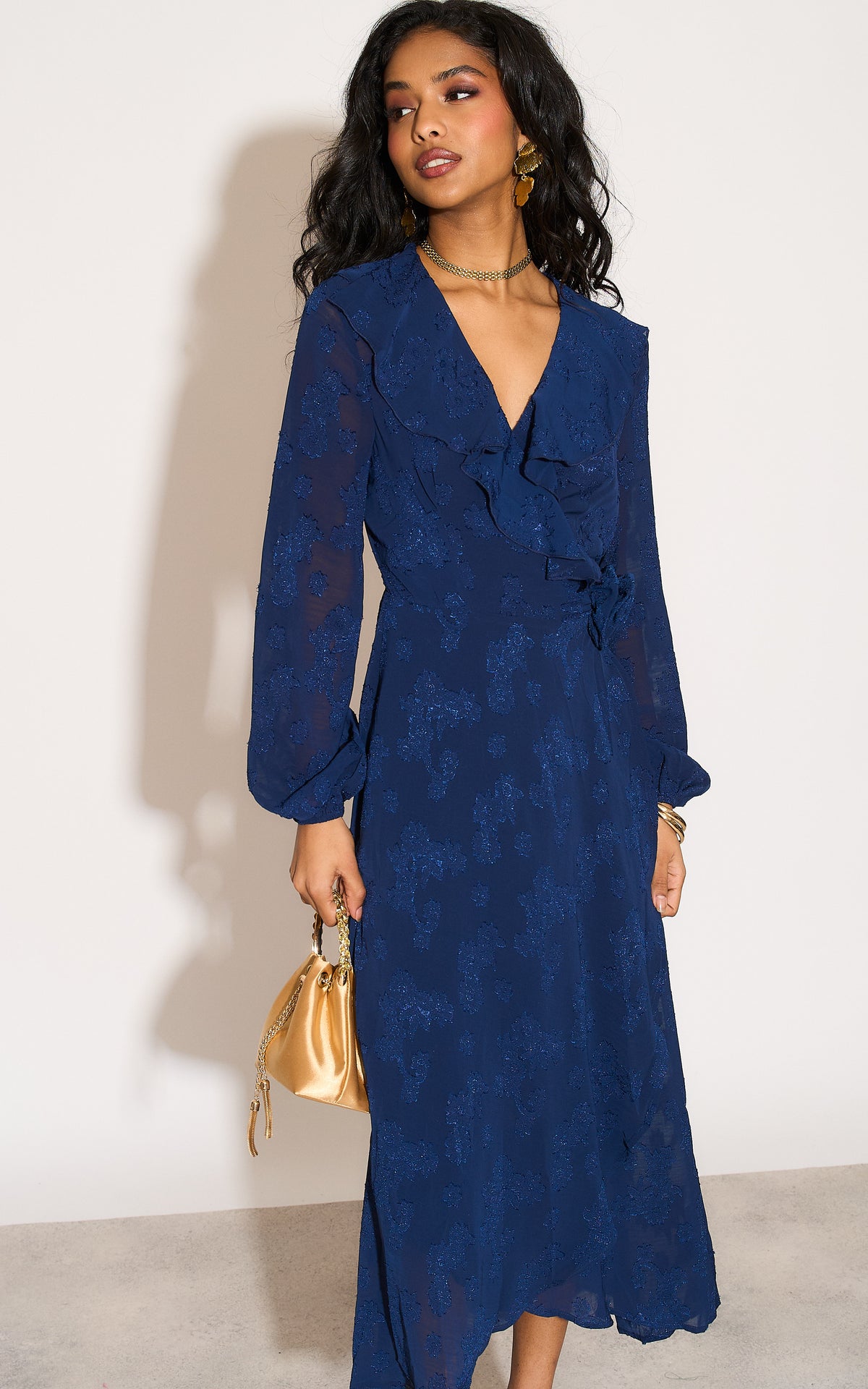 Ruffle wrap midi dress with blouson sleeve and rosette detail in navy