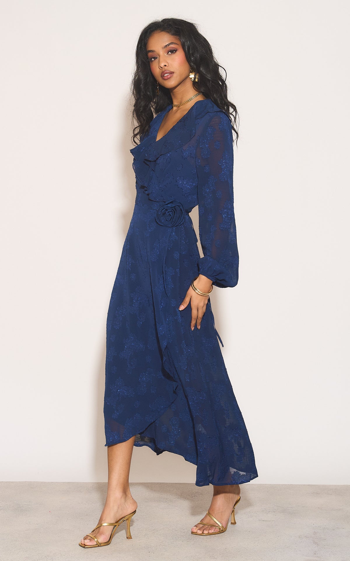 Ruffle wrap midi dress with blouson sleeve and rosette detail in navy