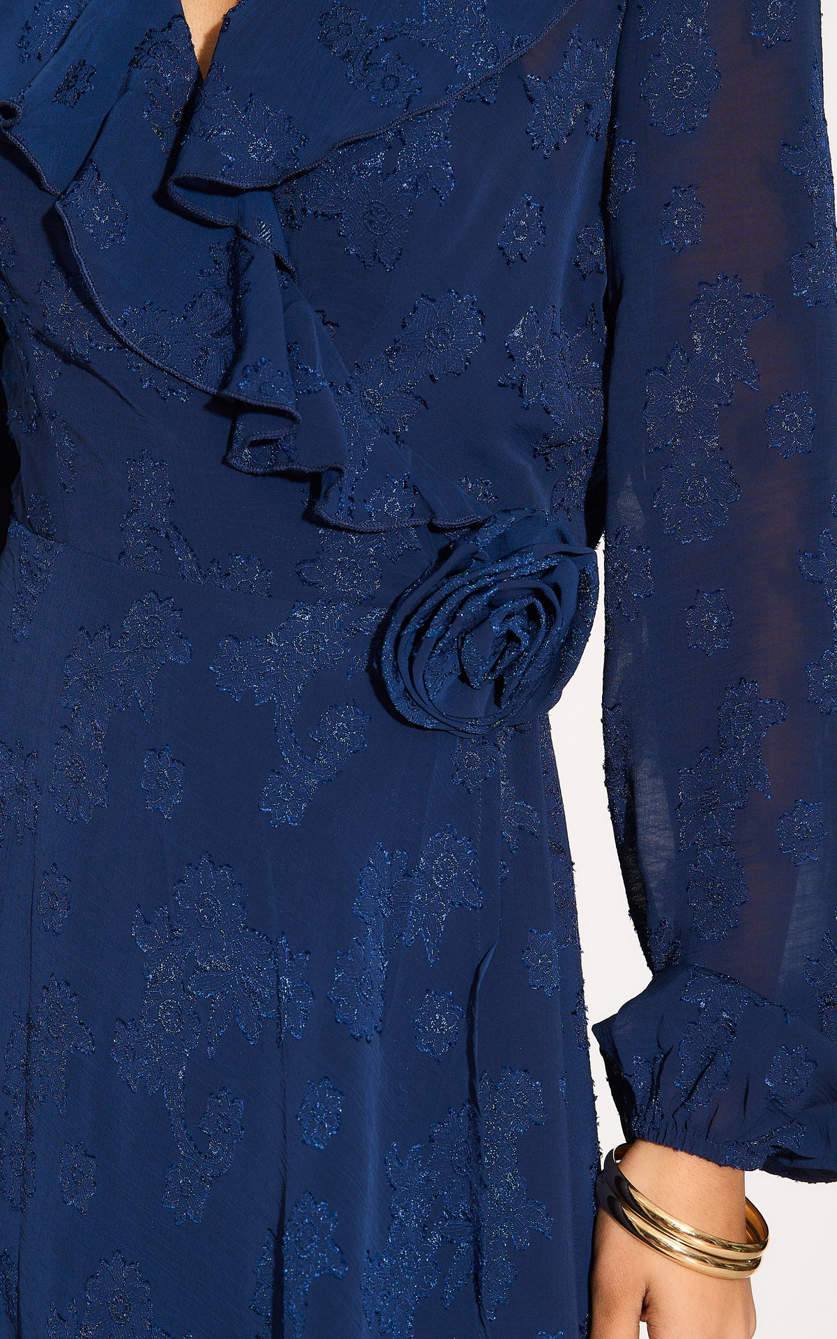 Ruffle wrap midi dress with blouson sleeve and rosette detail in navy