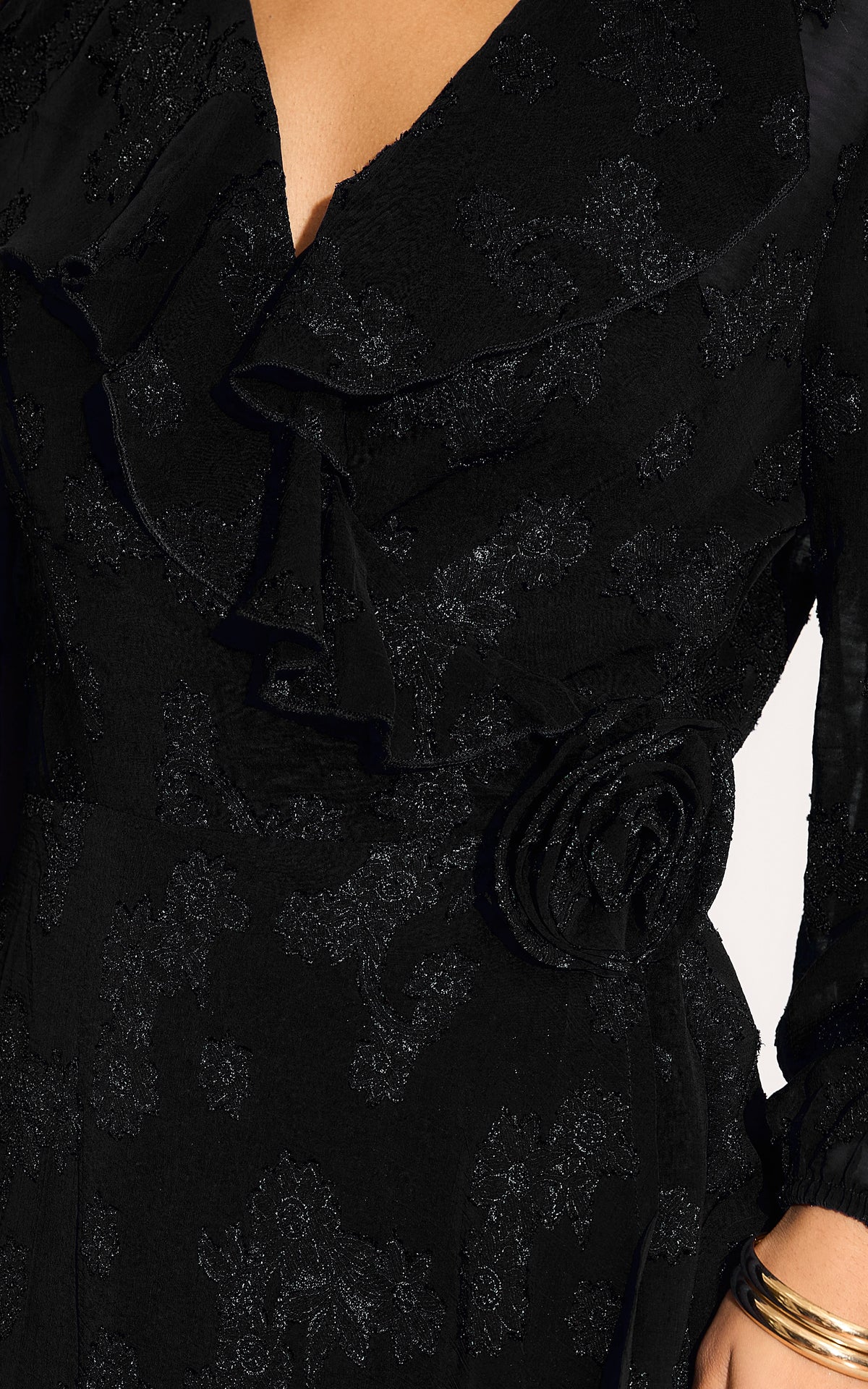 Ruffle wrap midi dress with blouson sleeve and rosette detail in black