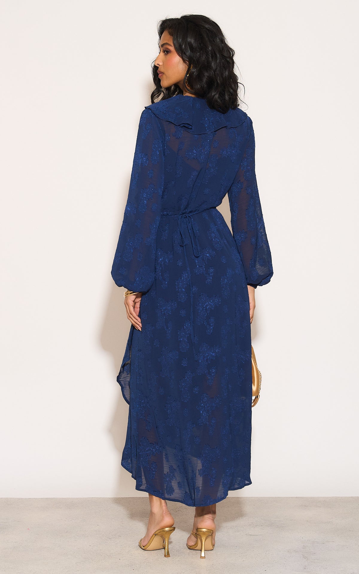 Ruffle wrap midi dress with blouson sleeve and rosette detail in navy