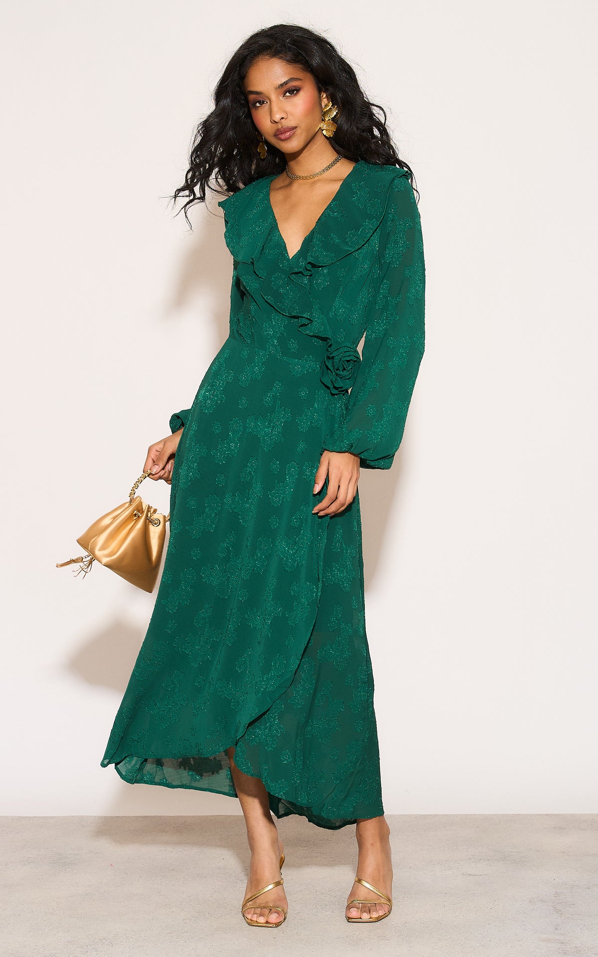 Ruffle wrap midi dress with blouson sleeve and rosette detail in green
