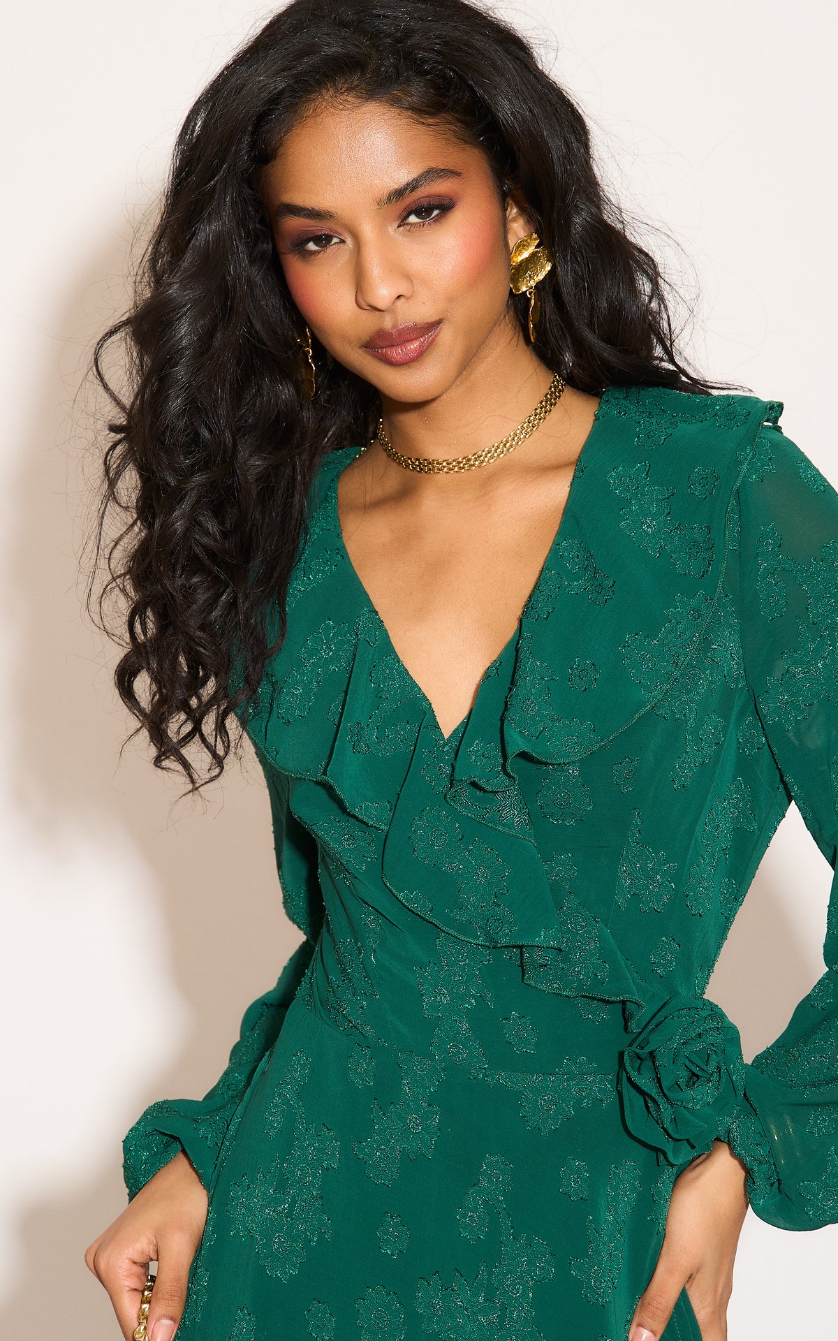 Ruffle wrap midi dress with blouson sleeve and rosette detail in green