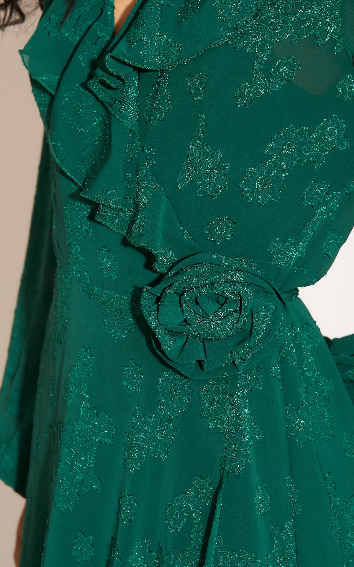 Ruffle wrap midi dress with blouson sleeve and rosette detail in green