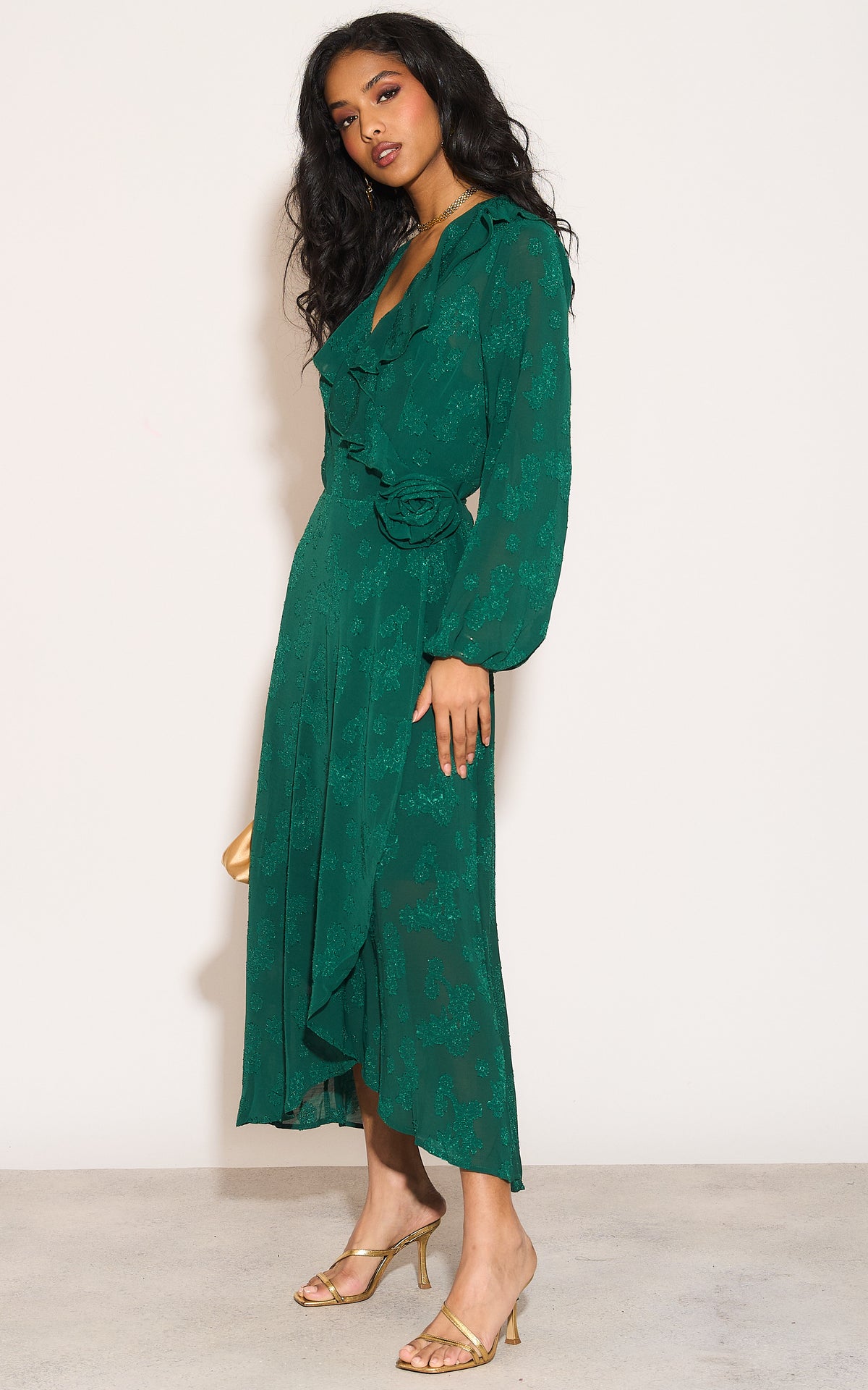Ruffle wrap midi dress with blouson sleeve and rosette detail in green