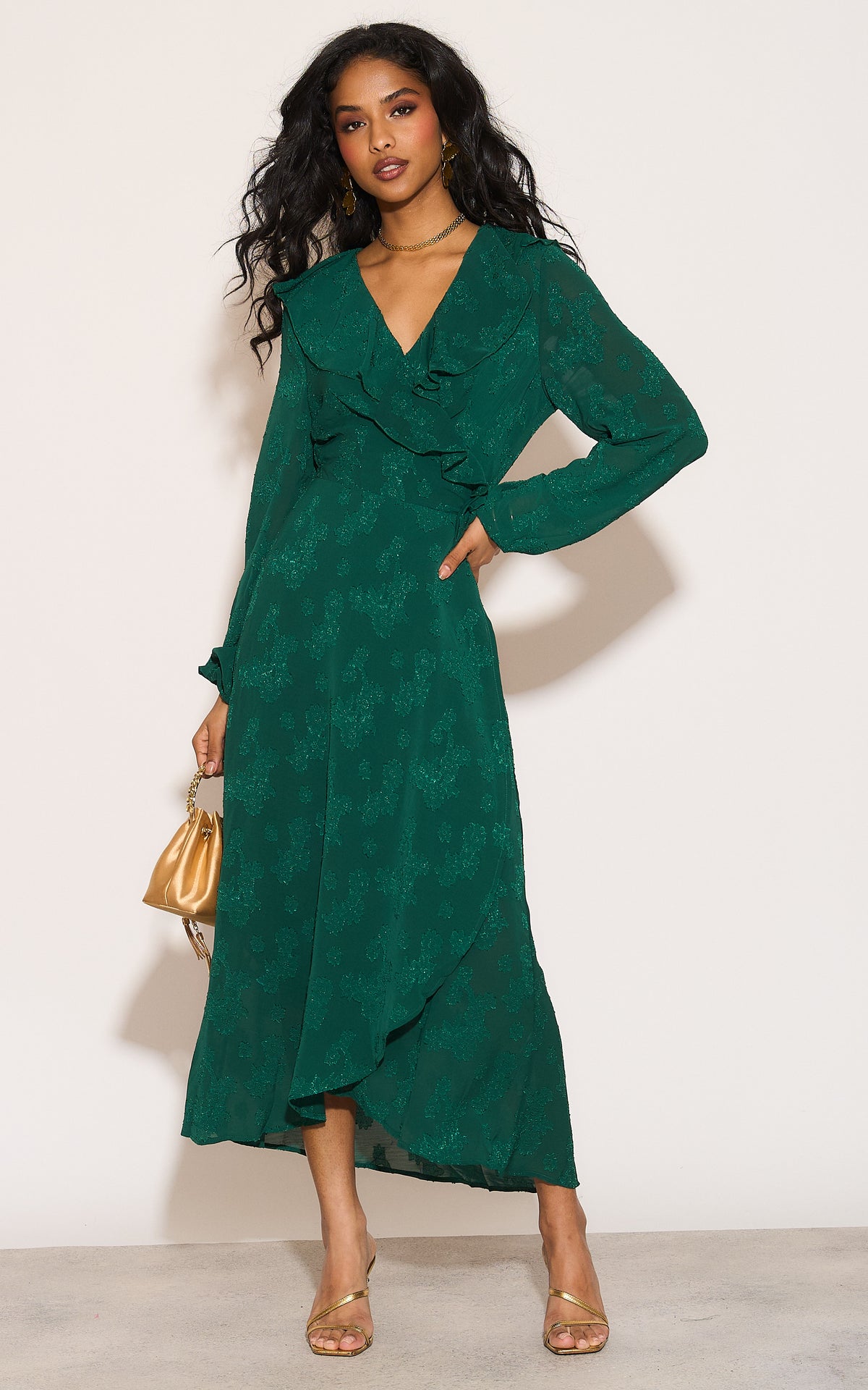 Ruffle wrap midi dress with blouson sleeve and rosette detail in green