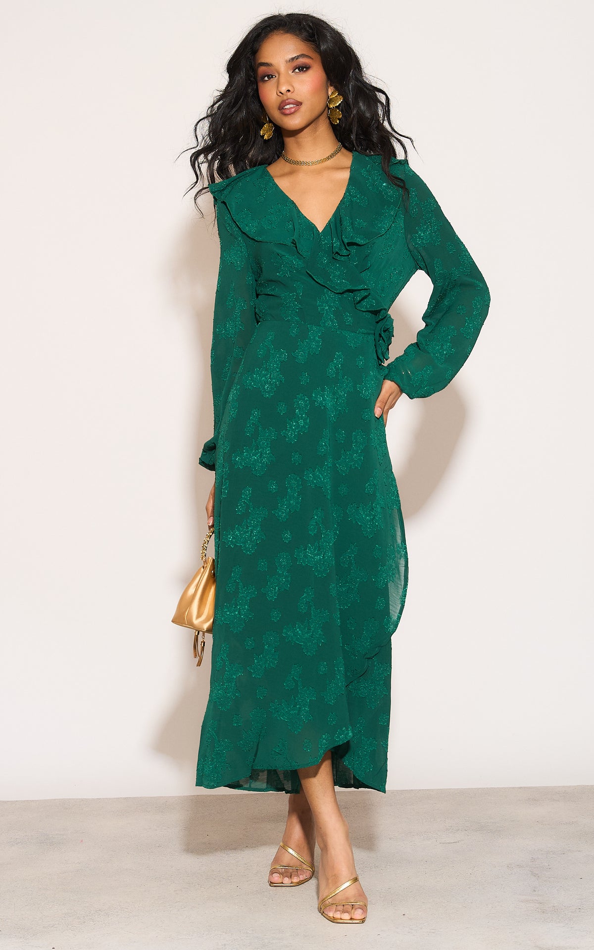 Ruffle wrap midi dress with blouson sleeve and rosette detail in green