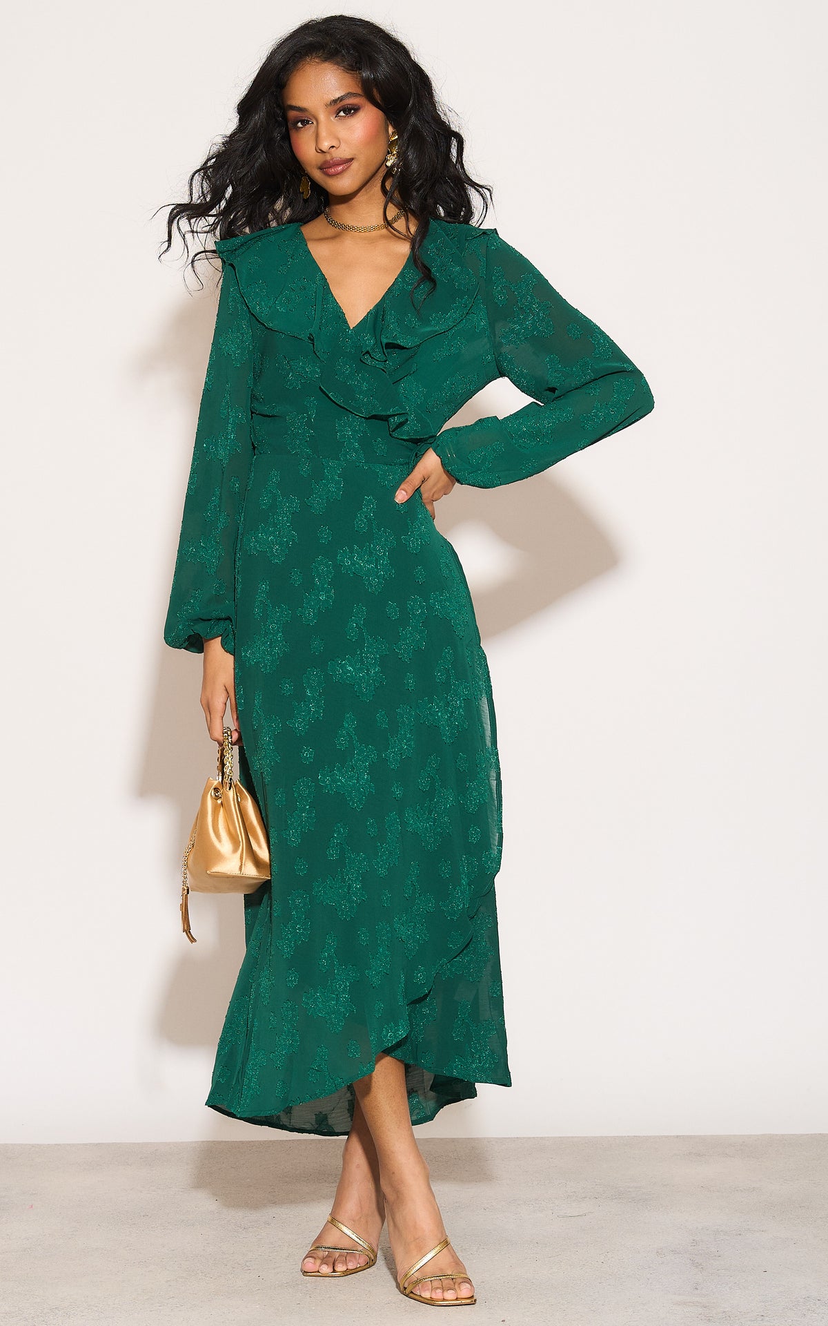 Ruffle wrap midi dress with blouson sleeve and rosette detail in green