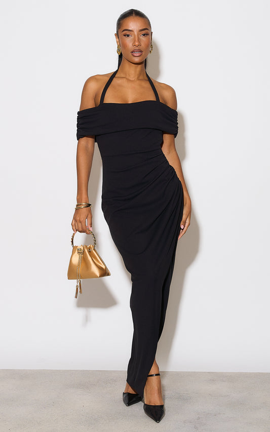 Bardot Gathered Waist Midi Dress With Halter Neck Detail In Black