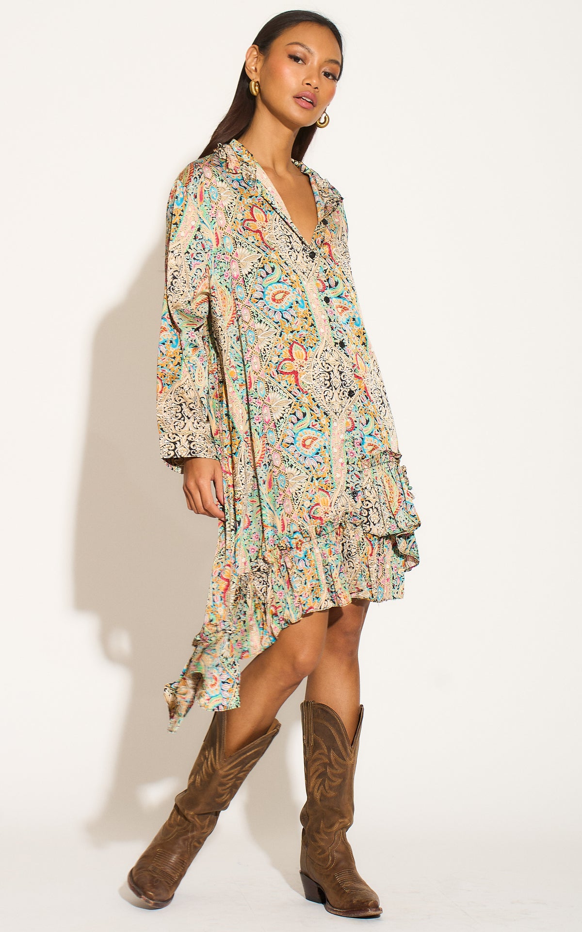 Paisley Print High Low pleated undone Hem Shirt dress