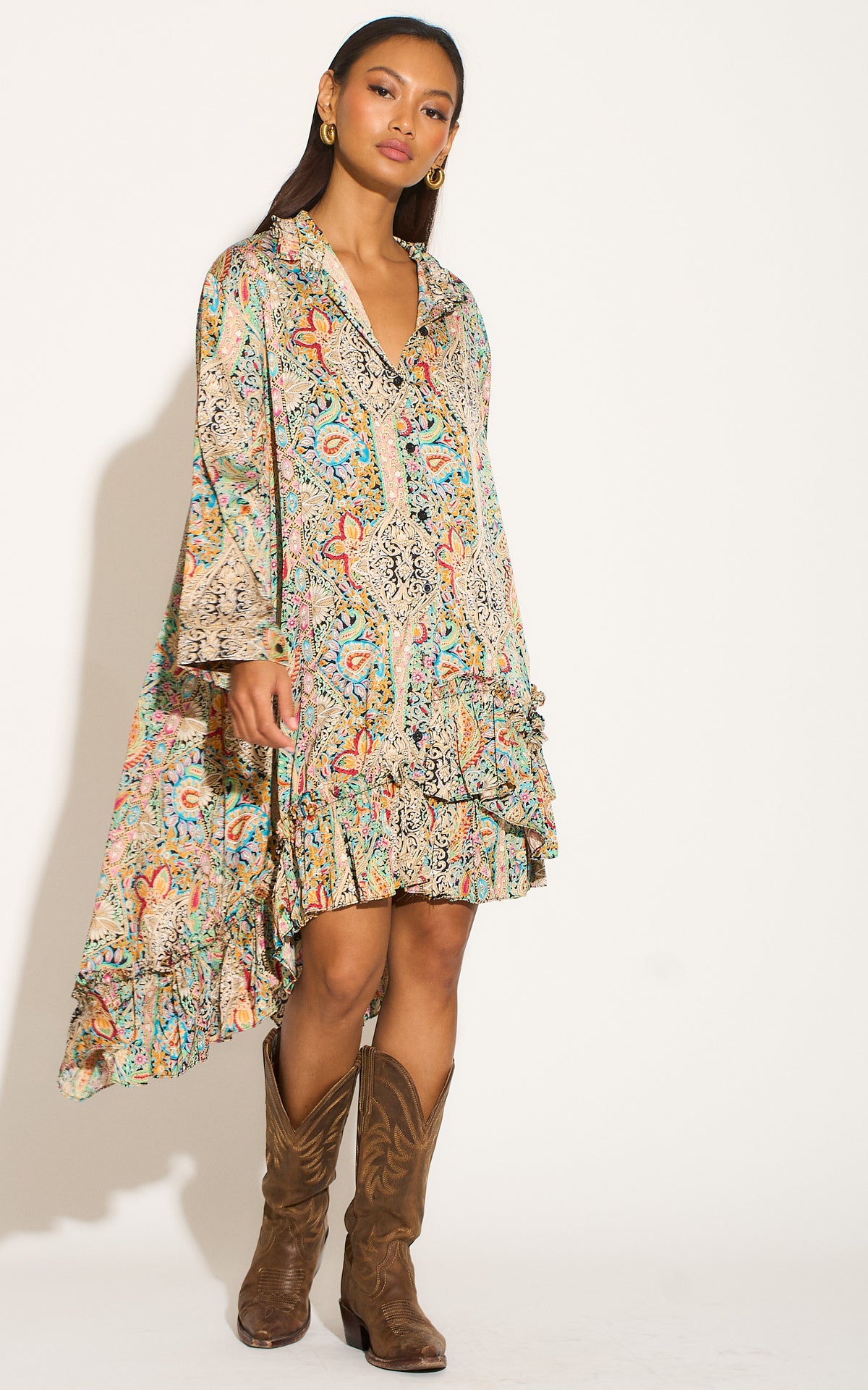 Paisley Print High Low pleated undone Hem Shirt dress