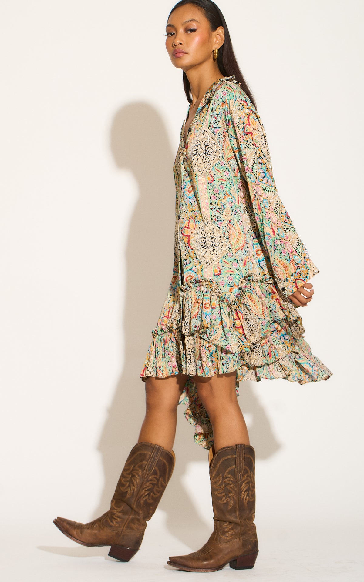 Paisley Print High Low pleated undone Hem Shirt dress