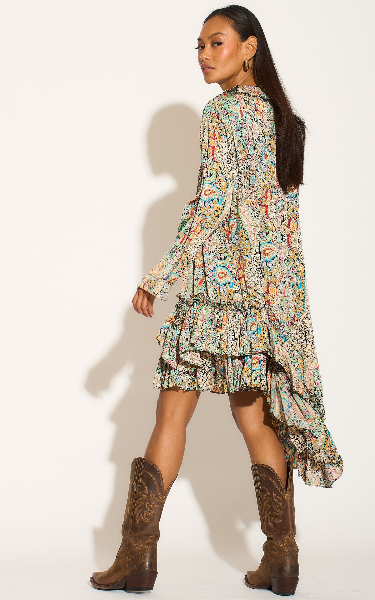 Paisley Print High Low pleated undone Hem Shirt dress