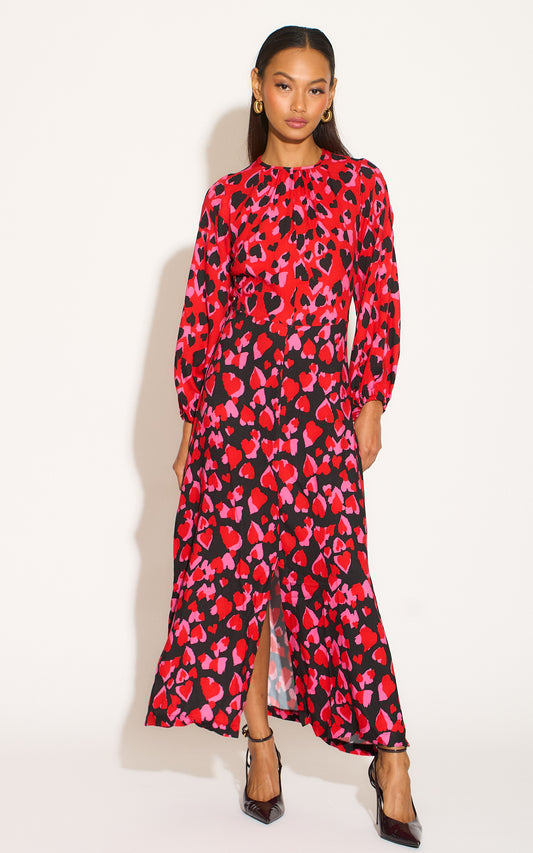 Puff Sleeve Midaxi Dress in Red Heart Print