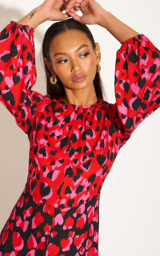 Puff Sleeve Midaxi Dress in Red Heart Print