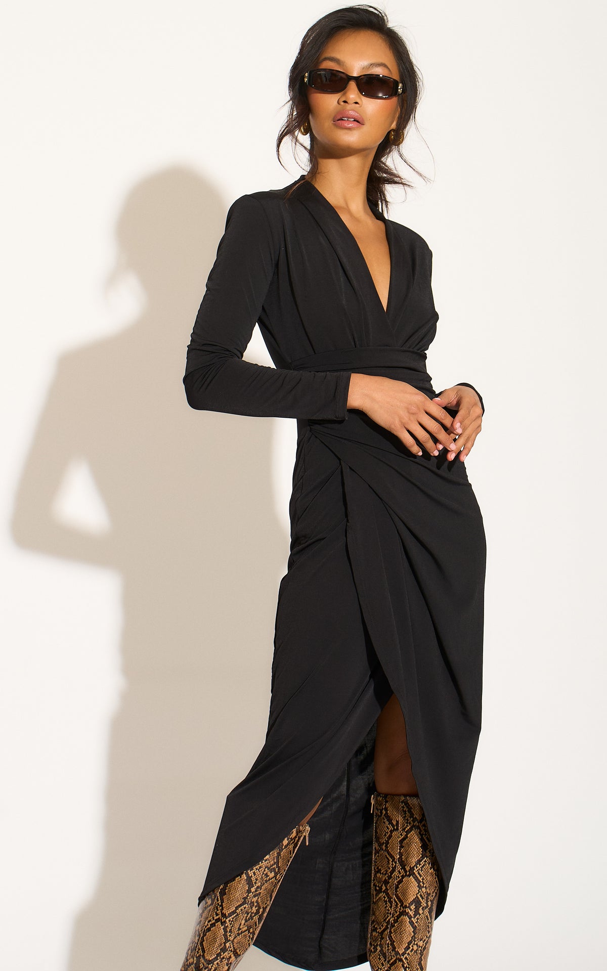 Wrap Midi  Long Sleeve Dress In Black