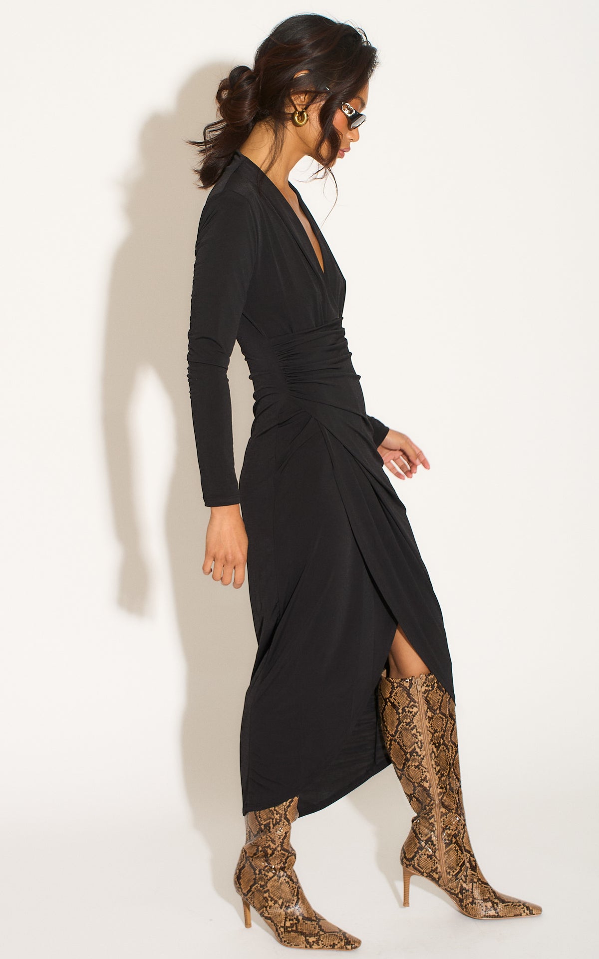 Wrap Midi  Long Sleeve Dress In Black