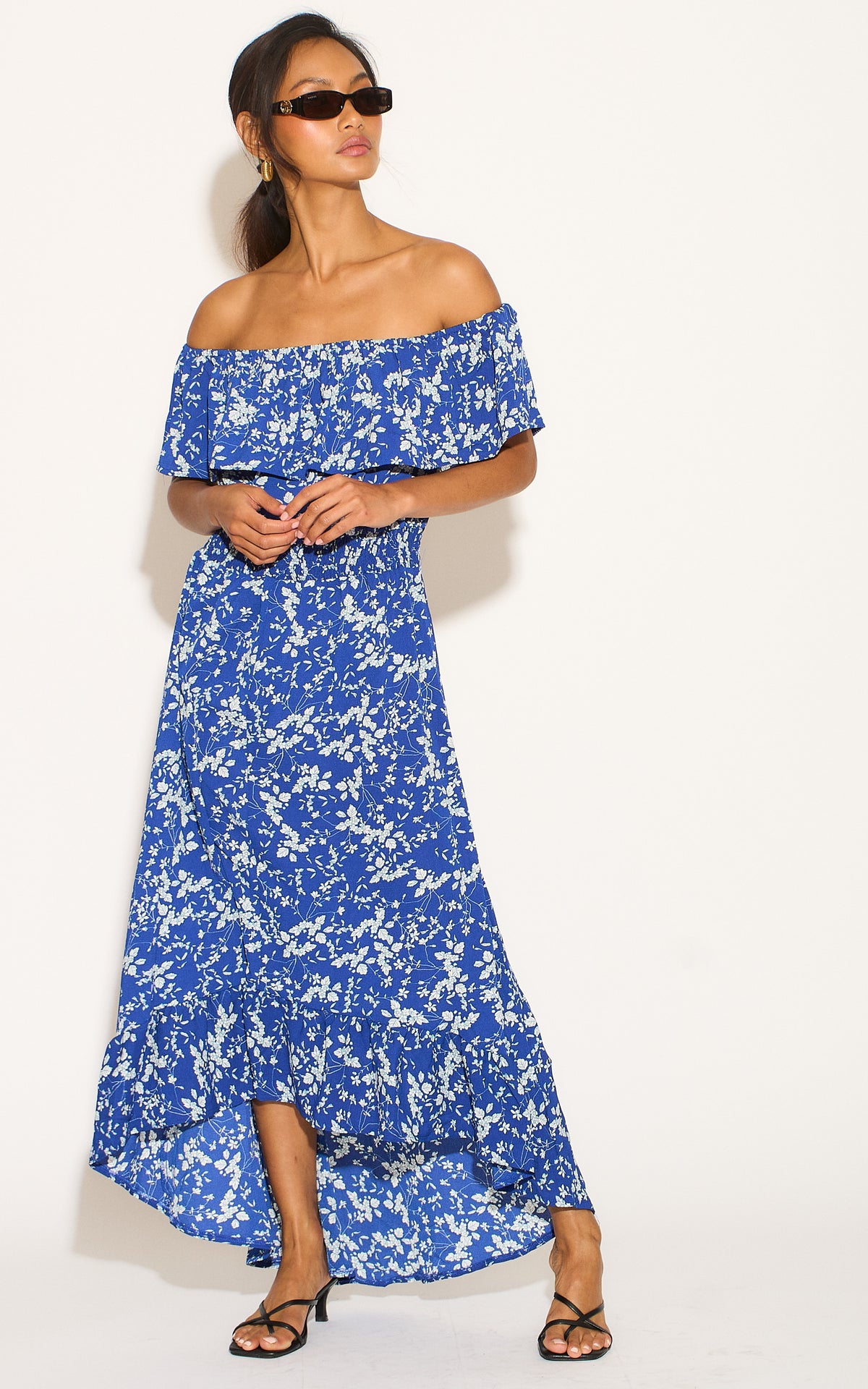 Blue and White Flower Bardot High Low Maxi Dress