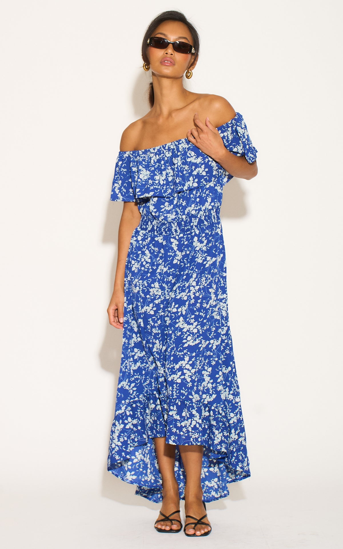 Blue and White Flower Bardot High Low Maxi Dress