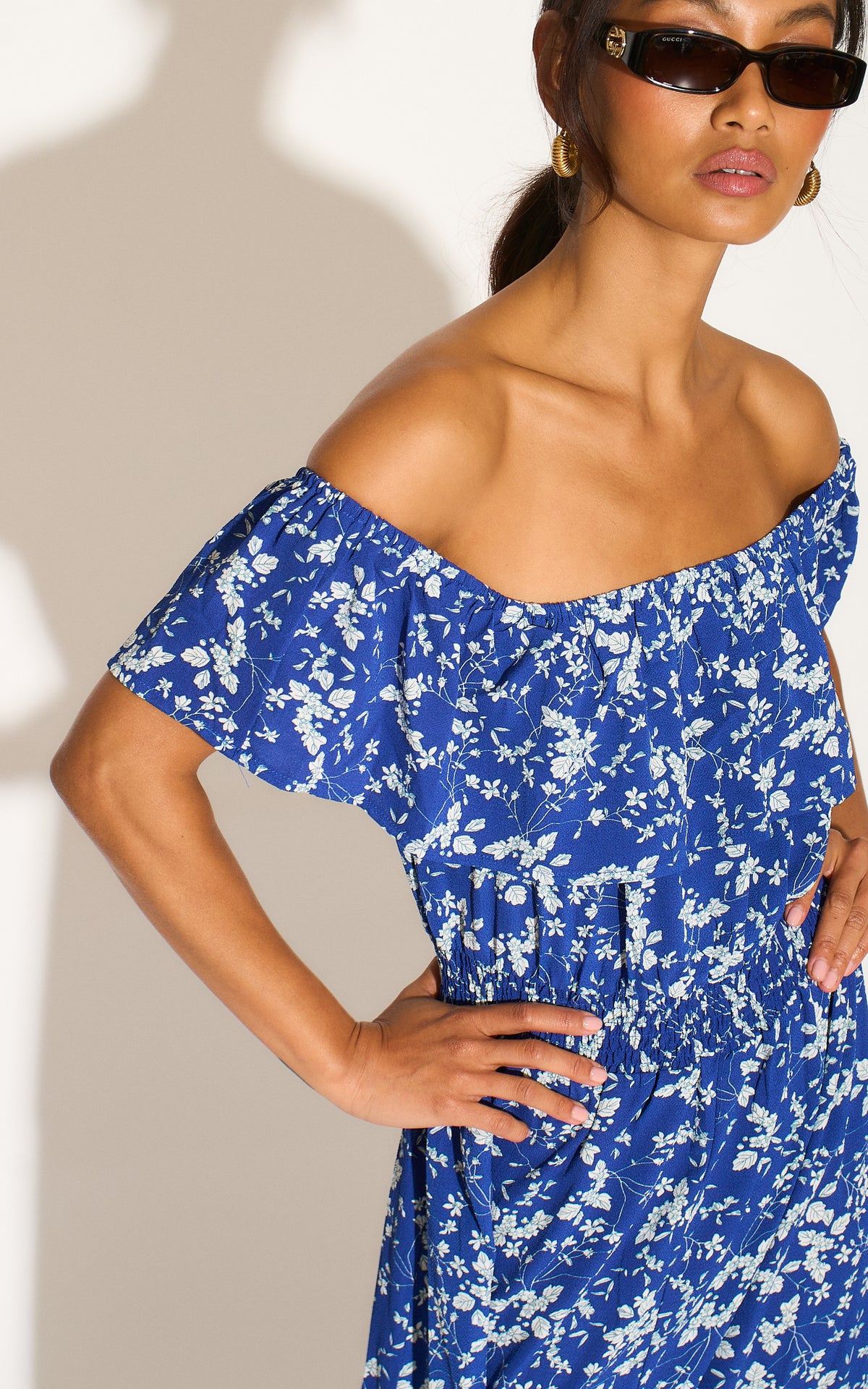 Blue and White Flower Bardot High Low Maxi Dress