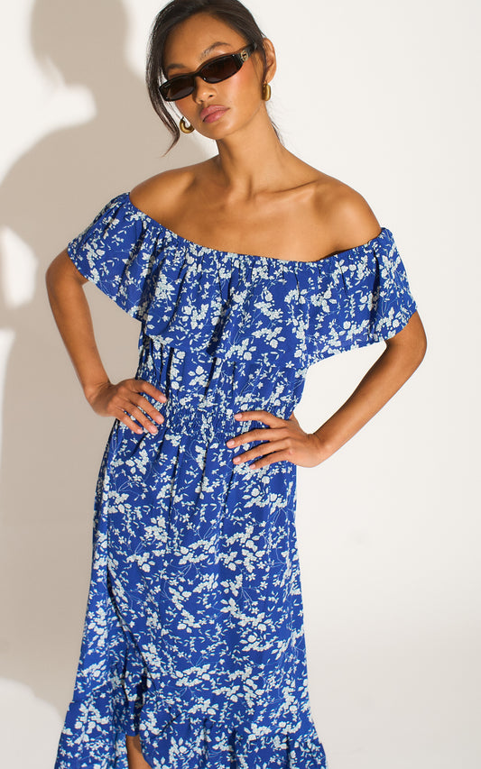 Blue and White Flower Bardot High Low Maxi Dress