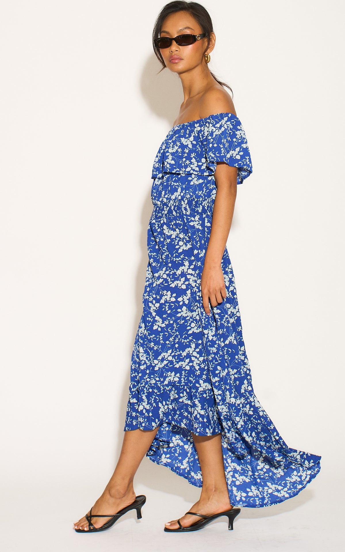 Blue and White Flower Bardot High Low Maxi Dress