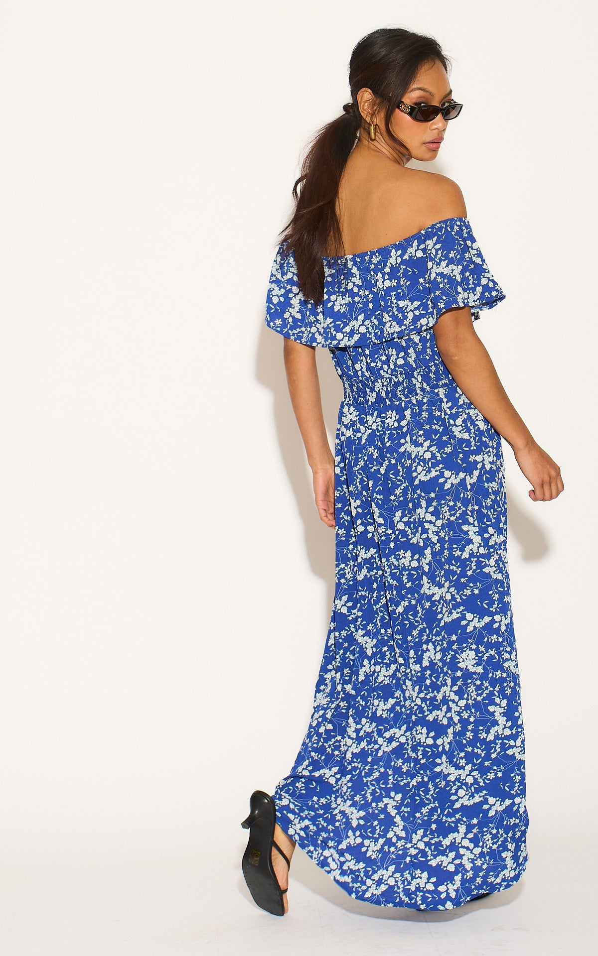 Blue and White Flower Bardot High Low Maxi Dress