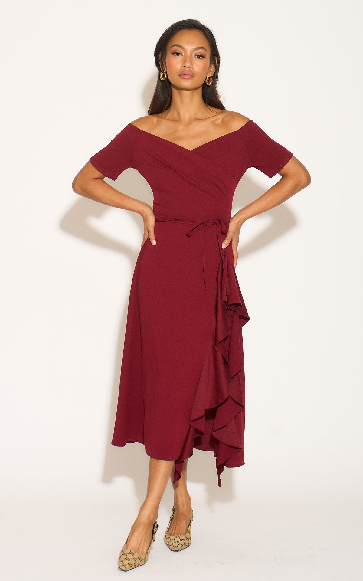 Exclusive Bardot Off Shoulder Frill Midi Dress in Burgundy