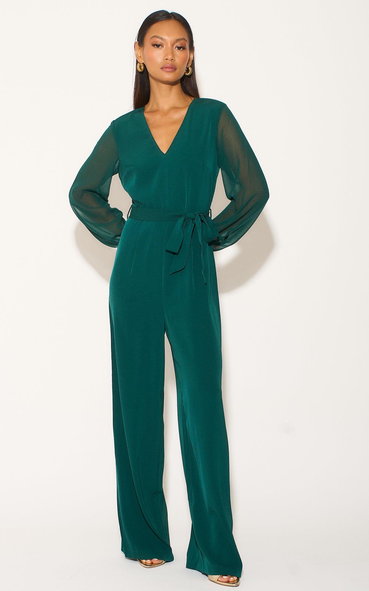 Forest Green Long Sleeve Jumpsuit with Chiffon Sleeve