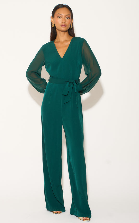 Forest Green Long Sleeve Jumpsuit with Chiffon Sleeve