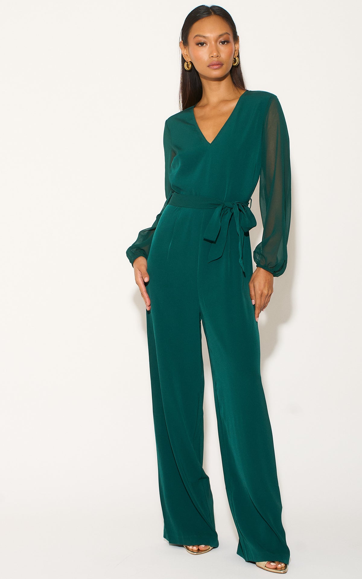 Forest Green Long Sleeve Jumpsuit with Chiffon Sleeve